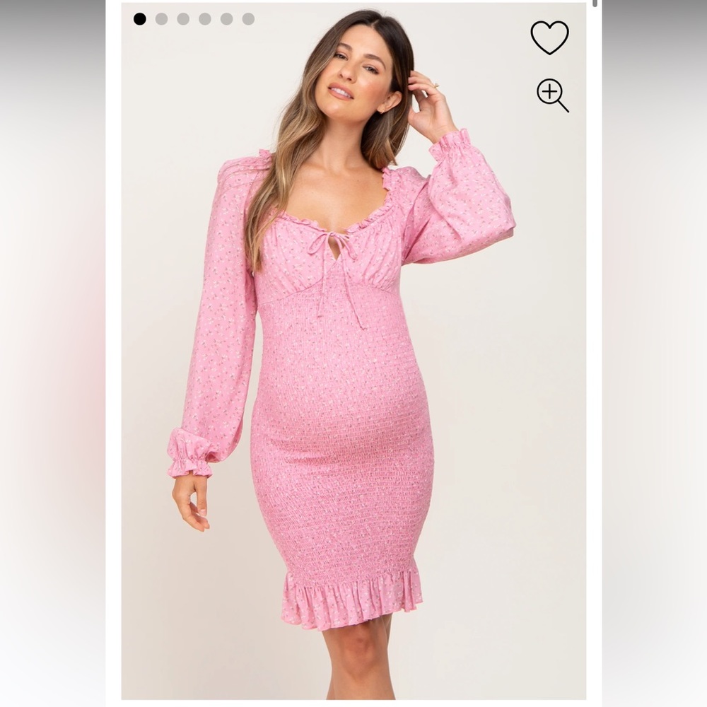 Pink Floral Sweetheart Neck Smocked Maternity Dress